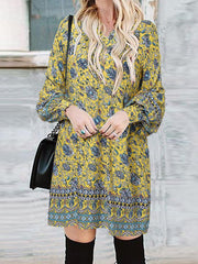 Bohemian Women Floral Print V-neck Puff Sleeve Button Cuffs Casual Mini Dress