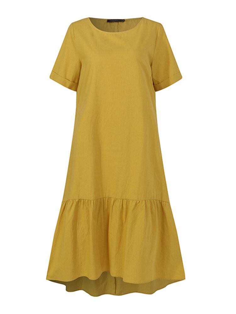 Algodón Mujer Color sólido Volantes Cuello redondo Manga corta Vestidos casuales 