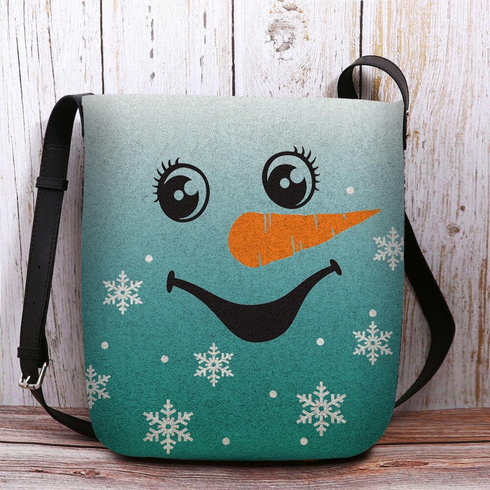 Bolso bandolera con estampado de copos de nieve y muñeco de nieve con sonrisa navideña festiva para mujer 