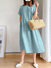 100% Cotton Solid Pleating Side Pockets Midi Dress