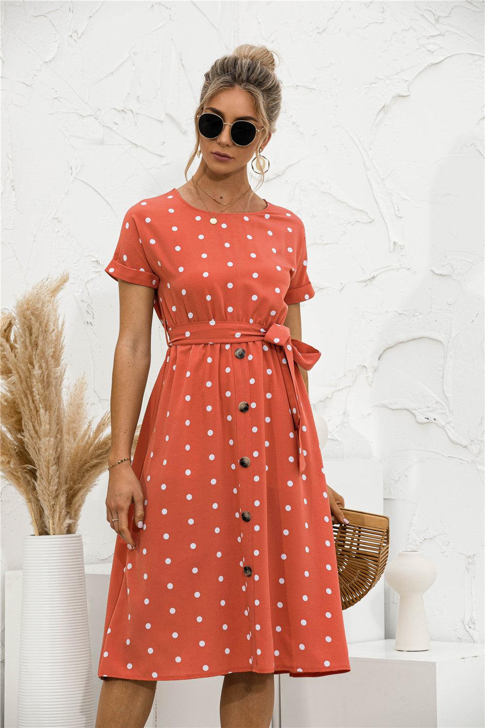 Polka Dot Button down Belted Dress