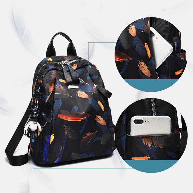 Women Oxford Butterfly Feather Pattern Large Capacity Headset Hole Waterproof Anti-Theft Casual Backpack