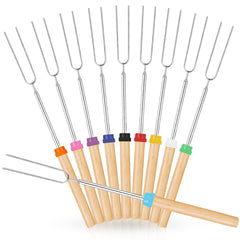 10 Pcs BBQ Fork Stainless Steel BBQ Skewer Wooden Handle BBQ Needle Reusable Barbecue Meat String Grill Fork BBQ Accessories