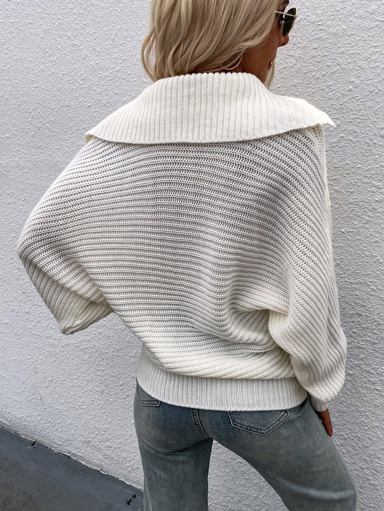 Collared Lantern Sleeve Rib-Knit Sweater