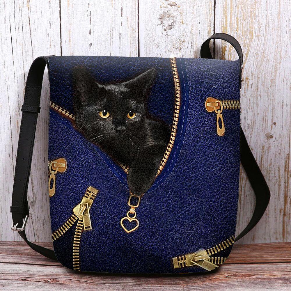 Bolso de hombro tipo bandolera con estampado de gato negro de dibujos animados en 3D bonito informal de fieltro para mujer 