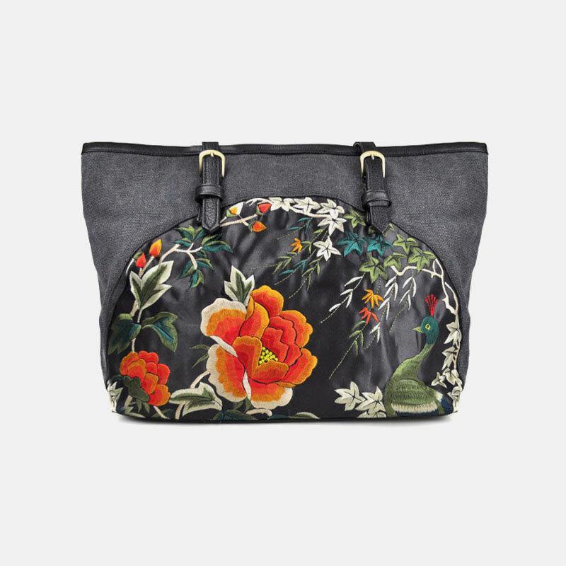 Bolso de mano de gran capacidad con bordado Floral de estilo étnico de lona para mujer 