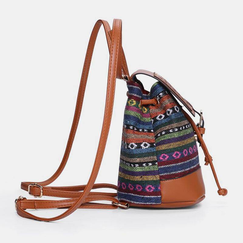 Women Hollow Stitching Ethnic Style Straw Bag Backpack Woven Shoulder Bag Bucket Bag