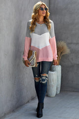 Color Block Chevron Waffle Pullover Sweatshirt