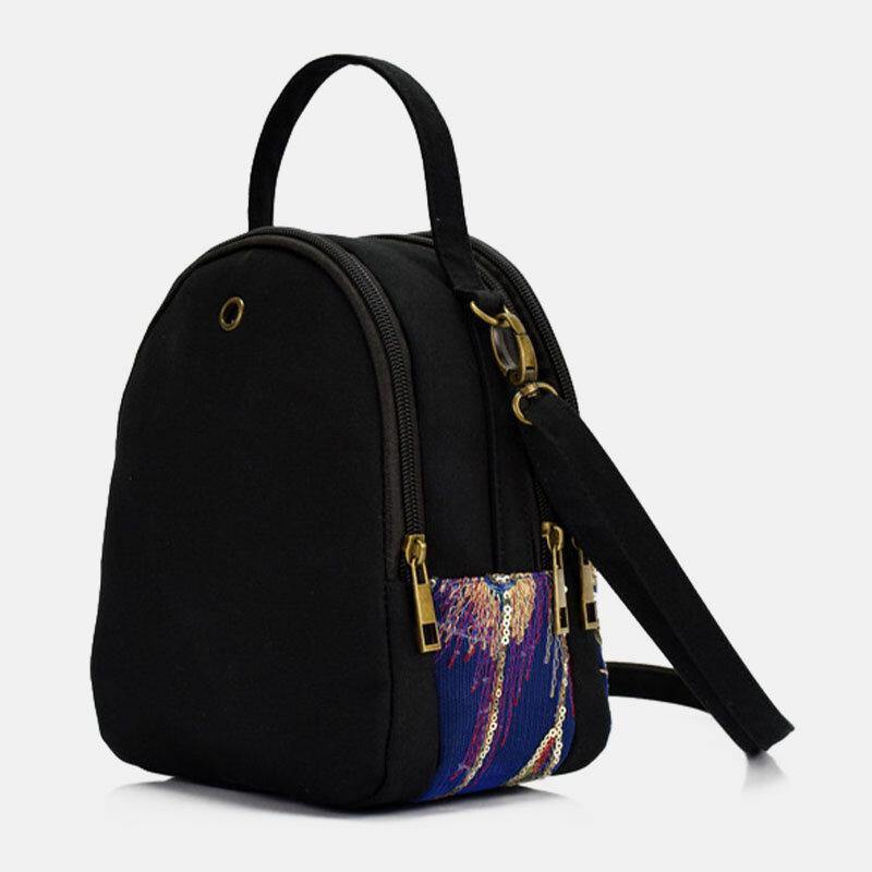 Women Canvas Ethnic Style Embroidery Peacock Pattern Sequin Mini Multi-carry Handbag Crossbody Bag