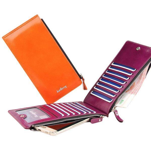 Women Waxy Ultra Thin Leather Long Purse Multi Card Holder