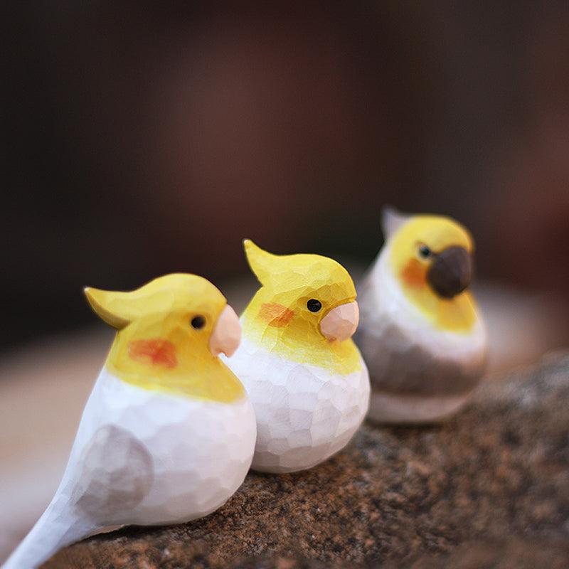 Cockatiel Bird Figurines Hand Carved Painted Wooden