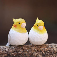 Cockatiel Bird Figurines Hand Carved Painted Wooden