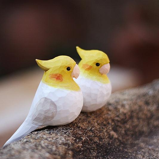 Cockatiel Bird Figurines Hand Carved Painted Wooden