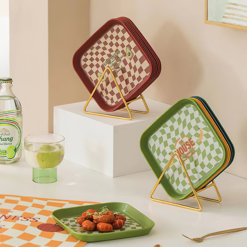 Checkerboard Grid Plastic Dinner Plate With Storage Rack