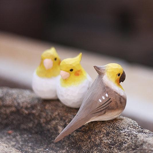 Cockatiel Bird Figurines Hand Carved Painted Wooden