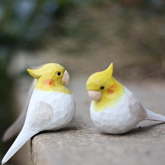 Figurines d'oiseaux calopsittes sculptées à la main en bois peint