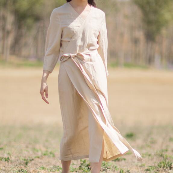 Khaki Linen Women Dresses Short Sleeves V Neck Waist Belt Summer Long Dresses XH9507