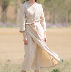 Khaki Linen Women Dresses Short Sleeves V Neck Waist Belt Summer Long Dresses XH9507