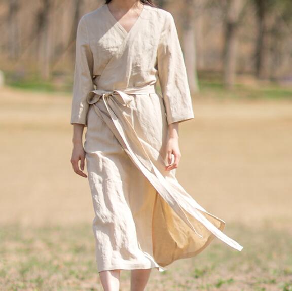 Khaki Linen Women Dresses Short Sleeves V Neck Waist Belt Summer Long Dresses XH9507