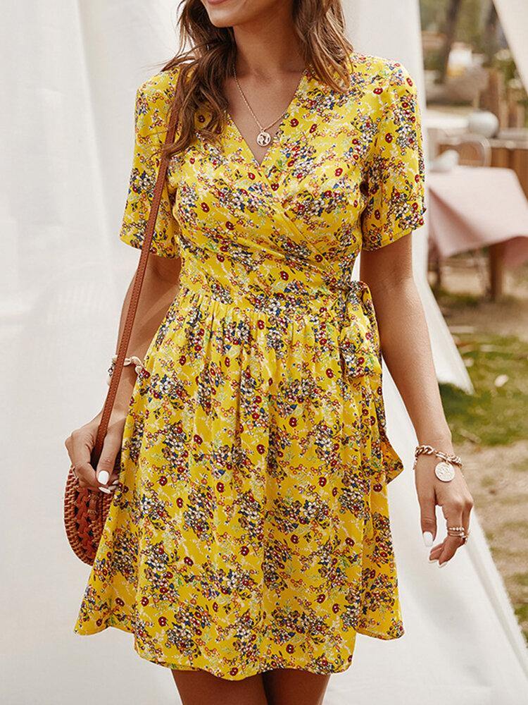 Cross Wrap Floral Print Bandage Short Sleeve Dress