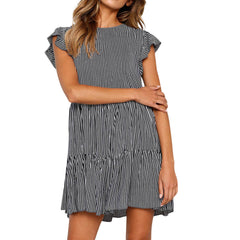 Striped pleated flared sleeve dress