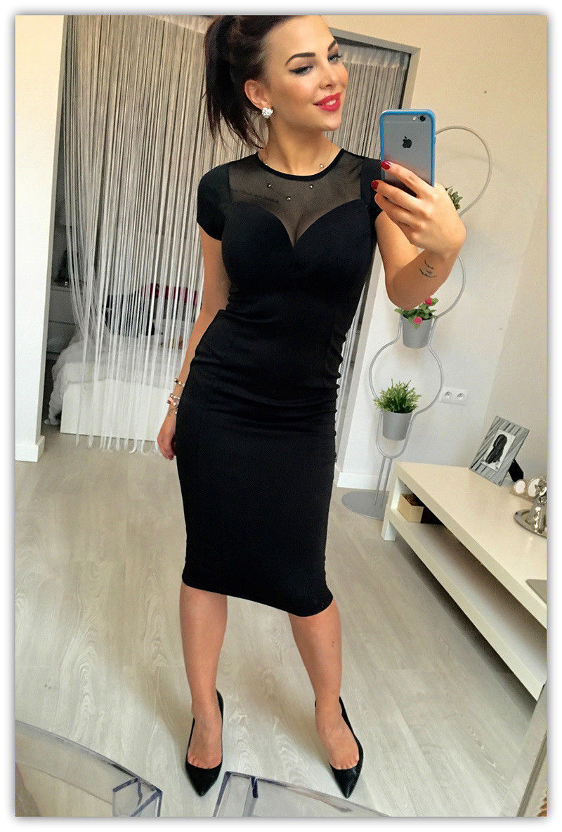 Sexy black mesh stitching round neck short sleeve pencil dress