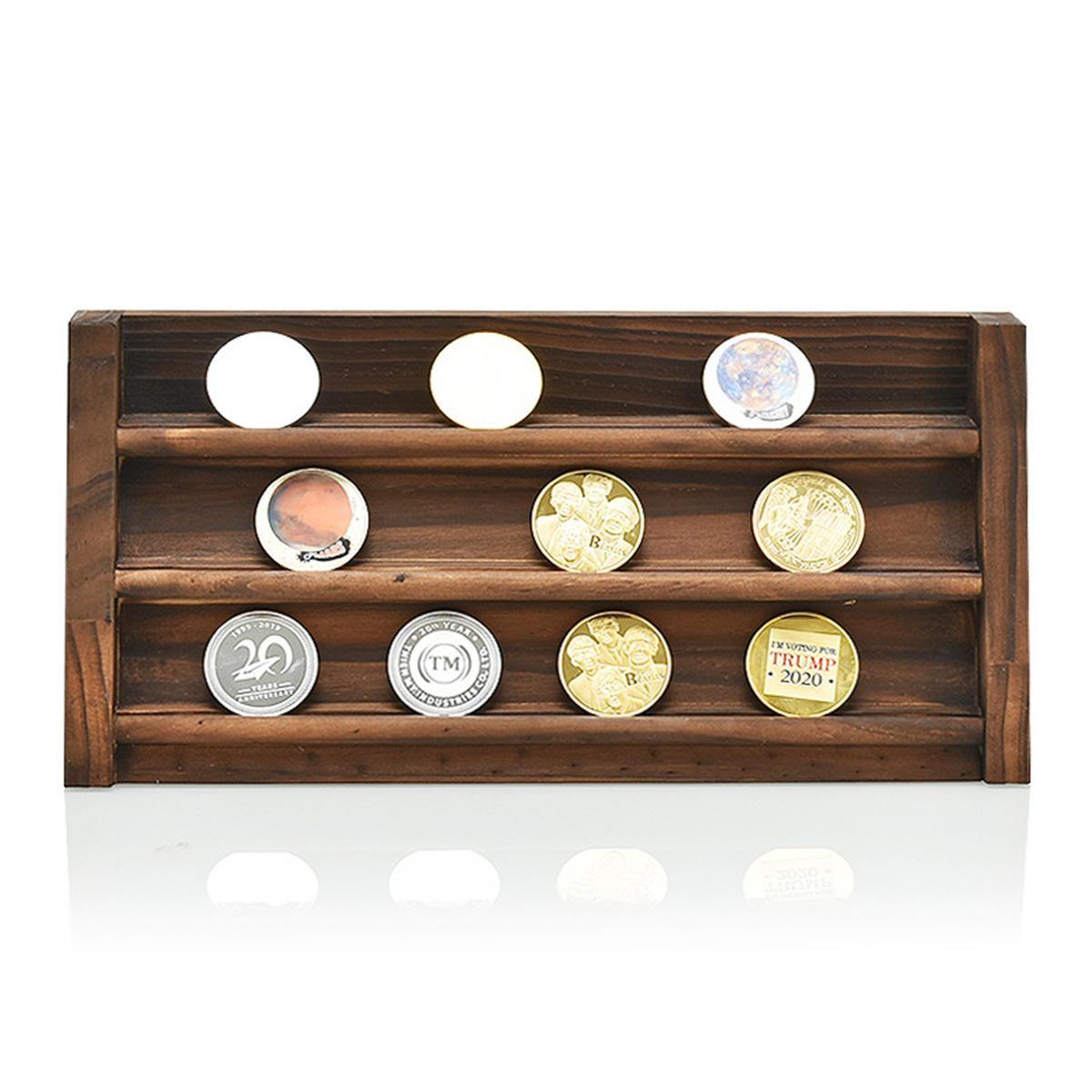 Wooden Challenge Collectible Coin Holder Display Rack Stand Case Shelf Decorations