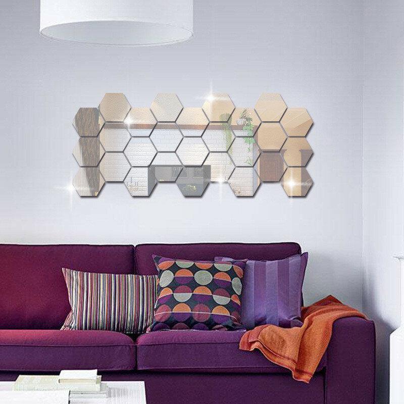 12Pcs 3D Wall Stickers DIY Mirror Hexagon Vinyl Removable Decal for Home Living Room Art Decoration