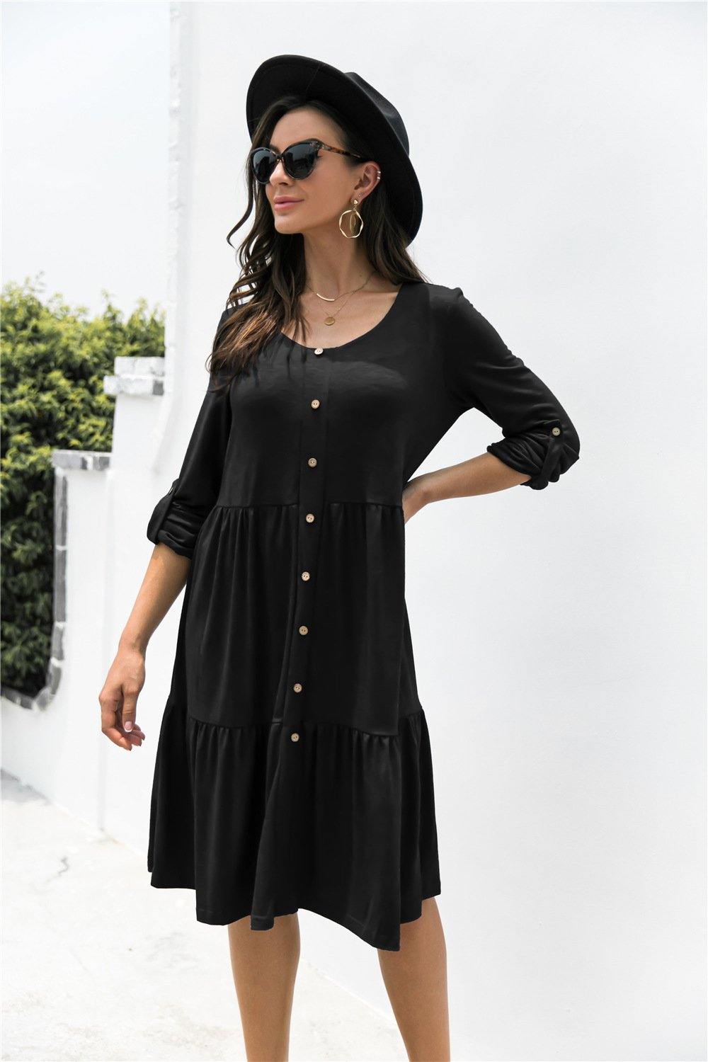 Button Down Rolled Sleeve Ruffle Dress