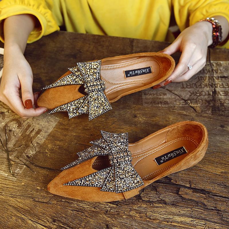 Women Large Bowknot Rhinestone Flat Loafers