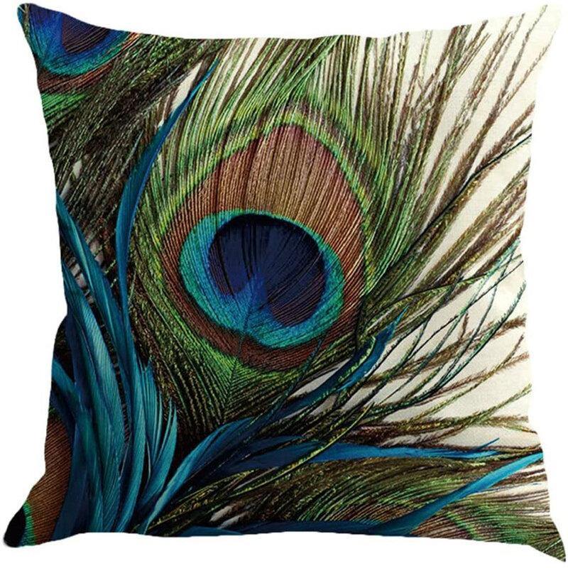 Linen Cushion Cover Peacock Feather Throw Pillow Case Home Sofa Cover