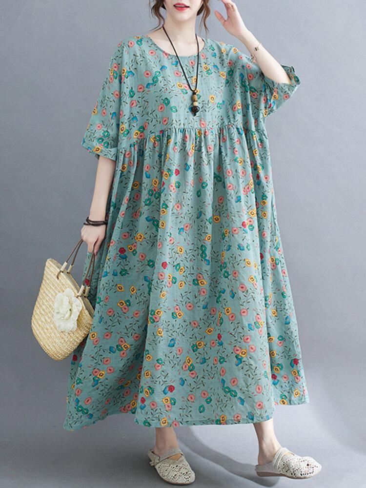 Casual Floral Printed Loose Fit O-Neck Maxi Dress For Women