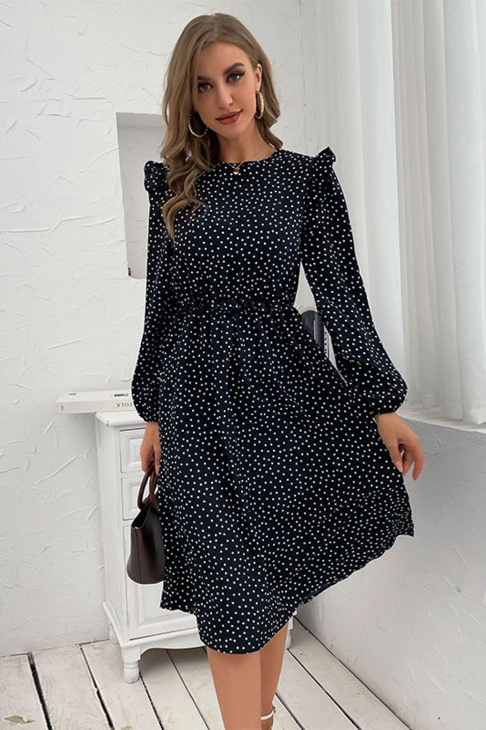 Polka Dot Ruffled Shoulder Midi Dress