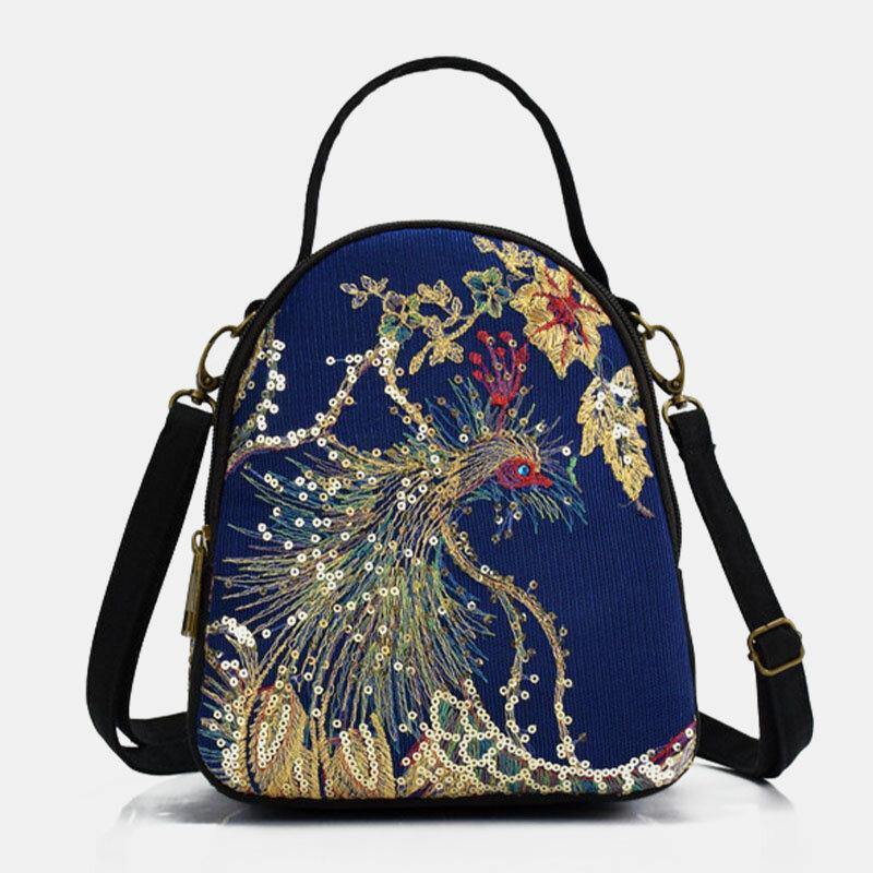 Women Canvas Ethnic Style Embroidery Peacock Pattern Sequin Mini Multi-carry Handbag Crossbody Bag