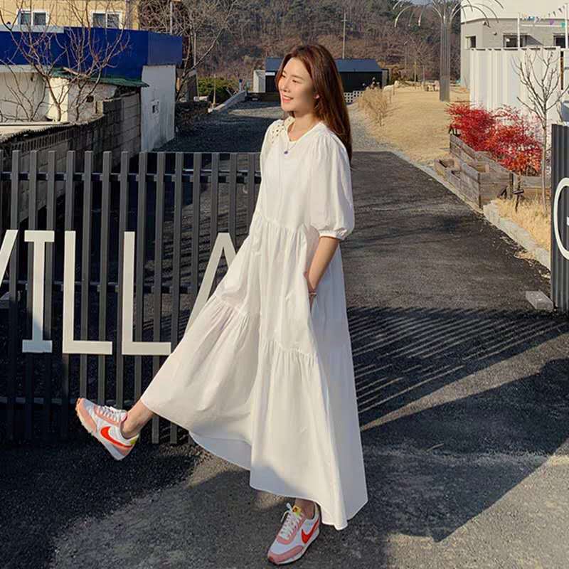 South Korea loose white dress women's plus-size temperament lady in the sleeve of the a-line fairy skirt to the ankle skirt summer