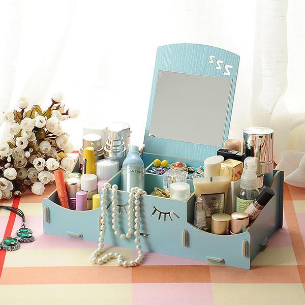 Creative Diy Wooden Cosmetic Storage Box Desktop Storage Container With Mirror Desktop Organizer