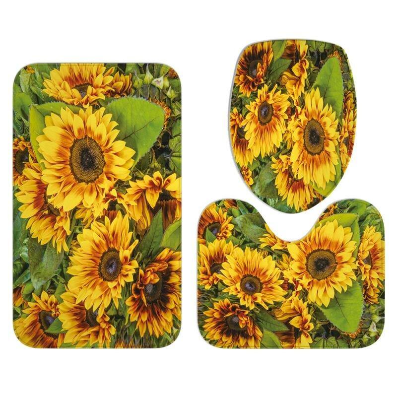 1/3/4Pcs Waterproof and Mildew proof Sunflower printed Shower Curtain  Bathroom Toilet Rug Mat Set