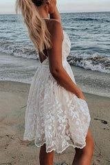 V-Neck Lace Embroidered White Dress