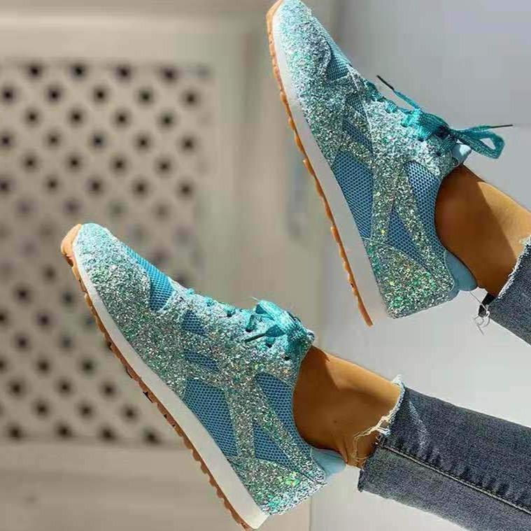 Glitzernde Damen-Tennisschuhe, glänzende Kristall-Plateau-Sneaker