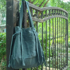 Green Women Backpack Linen Shoulder Bag