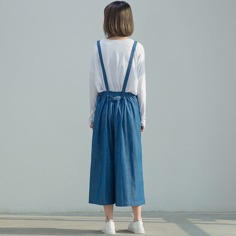 Blue Linen  wide Leg Pants Women Long  Jumpsuit