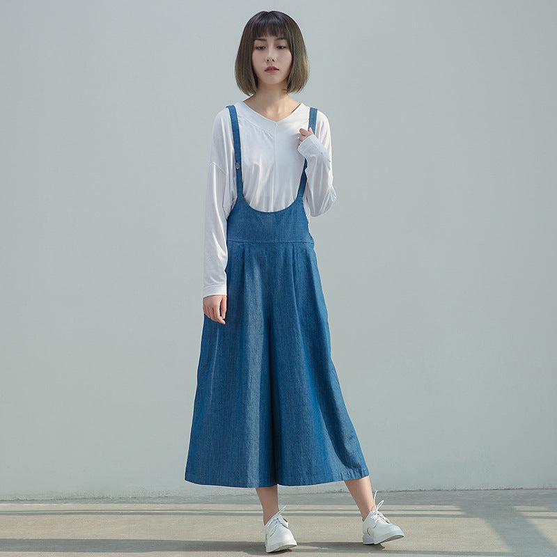 Blue Linen  wide Leg Pants Women Long  Jumpsuit