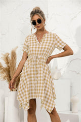 Plaid V-Neck Asymmetrical Trim Dress