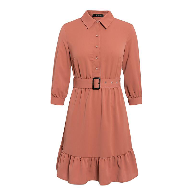 3/4 sleeve belt skirt ruffled retro style slim dress