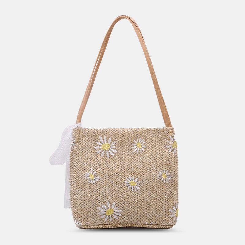 Bolso de hombro de gran capacidad con estampado de margaritas y girasoles de encaje de paja para mujer 