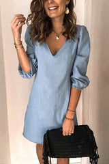 Casual V Neck Elastic Cuff Sleeve Mini Dress(5 Colors)