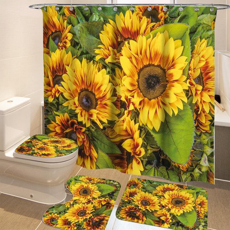 1/3/4Pcs Waterproof and Mildew proof Sunflower printed Shower Curtain  Bathroom Toilet Rug Mat Set