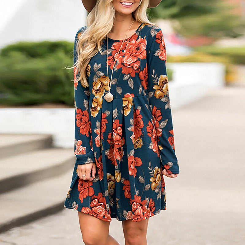 Elegant Floral Dresses for Women A-line Long Sleeve High Waist O-neck