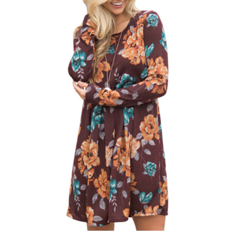 Elegant Floral Dresses for Women A-line Long Sleeve High Waist O-neck