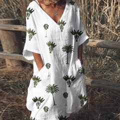 Leaf print V-neck casual flared dress